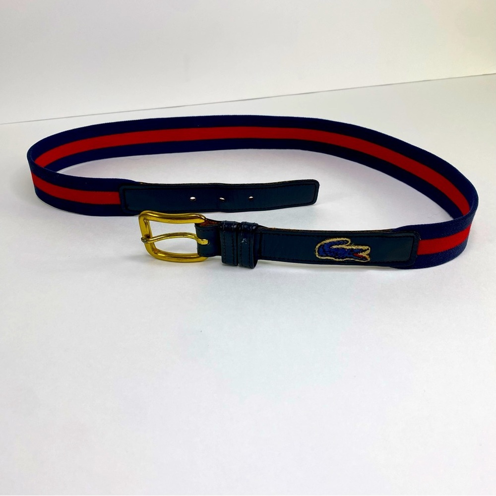 Lacoste Vintage Blue Red Stretch Fabric Leather Trim Skinny Belt Size 34